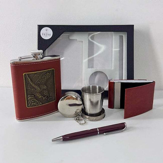 Vlv Men's 4-piece Set Flask Foldable Metal Cup Wallet Metal Pen Brown