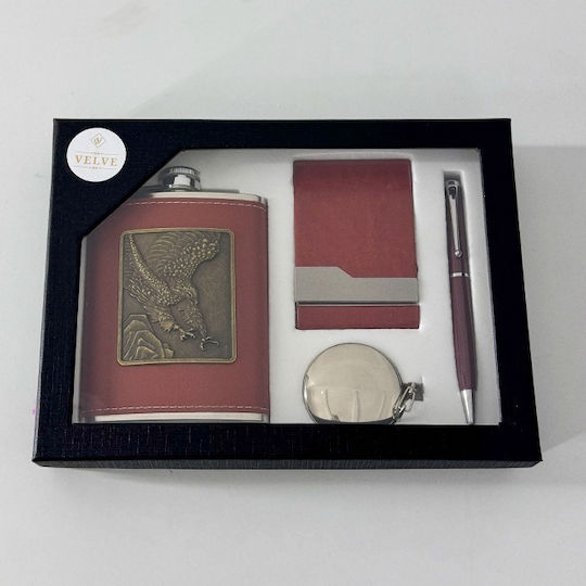 Vlv Men's 4-piece Set Flask Foldable Metal Cup Wallet Metal Pen Brown