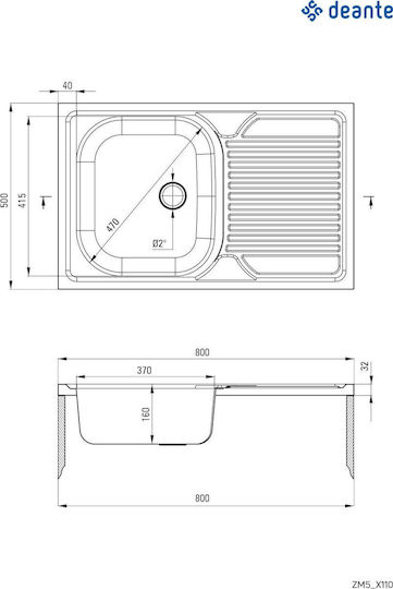 Deante ZM5 3110 Ένθετος Inox Μ80xΠ50cm Γκρι