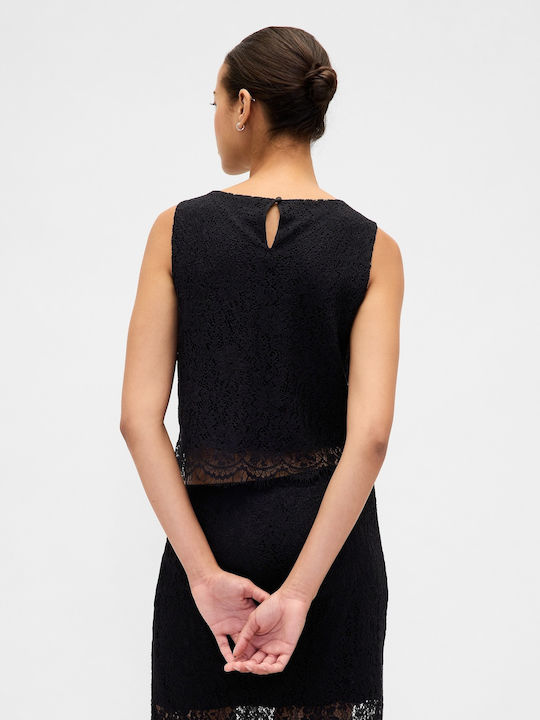 Women's Crop Top Satin with Boat Neckline Black