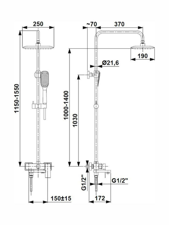 KFA Shower Column with Bathtub Mixer 155cm Silver