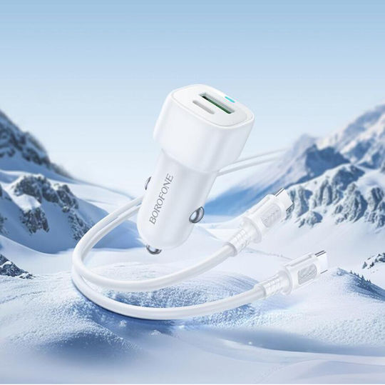 Borofone Auto-Ladegerät 38W 3A Schnellladung mit Anschlüssen: 1xUSB 1xType-C mit Kabel Typ-C,TC-TC Weiß Farbe