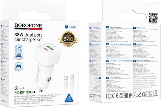 Borofone Auto-Ladegerät 38W 3A Schnellladung mit Anschlüssen: 1xUSB 1xType-C mit Kabel Typ-C,TC-TC Weiß Farbe
