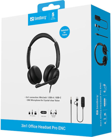 Sandberg 3in1 Office Headset Pro ENC On Ear Multimedia Ακουστικά με μικρόφωνο και σύνδεση USB-A / USB-C