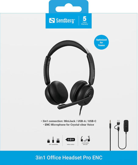Sandberg 3in1 Office Headset Pro ENC On Ear Multimedia Ακουστικά με μικρόφωνο και σύνδεση USB-A / USB-C