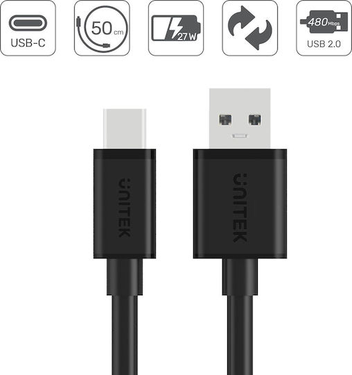 Unitek Y-C481 USB 2.0 Cable USB-C male - USB-A 27W Black 0.5m (Y-C481BK)