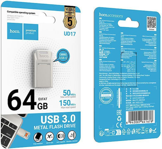 Hoco Pendrive 64GB USB 2.0 Флашка с USB-C Сребрист