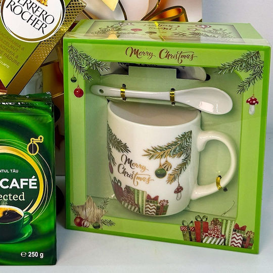 Pachet Deliciu De Crăciun Odorizant De Cameră Cafea Selectată Doncafe Set Ceșcuță Ceramică Farfurie Lingură Ciocolată Ferrero Rocher În Sac Cadou