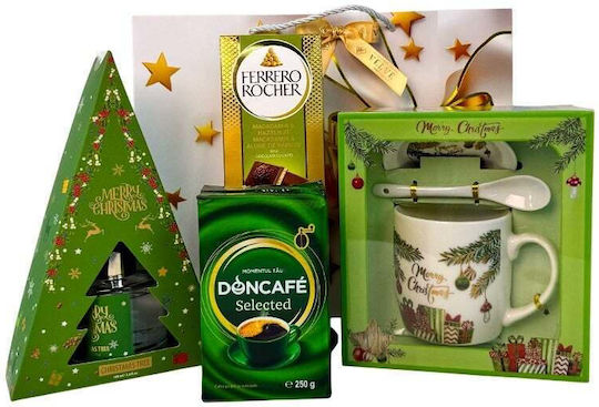 Pachet Deliciu De Crăciun Odorizant De Cameră Cafea Selectată Doncafe Set Ceșcuță Ceramică Farfurie Lingură Ciocolată Ferrero Rocher În Sac Cadou