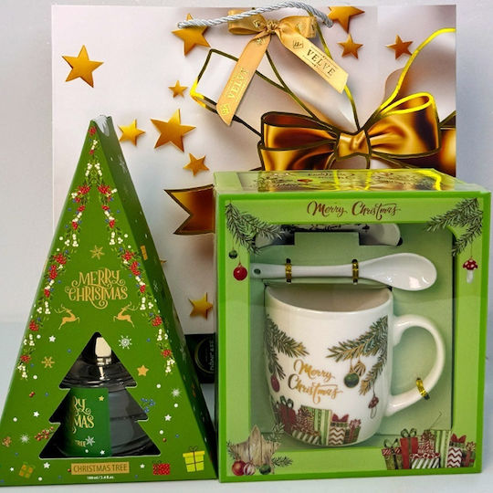 Pachet De Bucurie De Crăciun Odorizant De Cameră Set Ceramică Cană Farfurie Lingură În Sac Cadou Verde