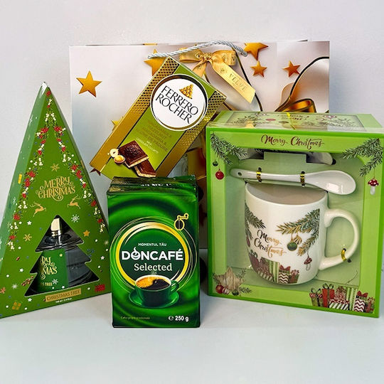 Pachet Deliciu De Crăciun Odorizant De Cameră Cafea Selectată Doncafe Set Ceșcuță Ceramică Farfurie Lingură Ciocolată Ferrero Rocher În Sac Cadou