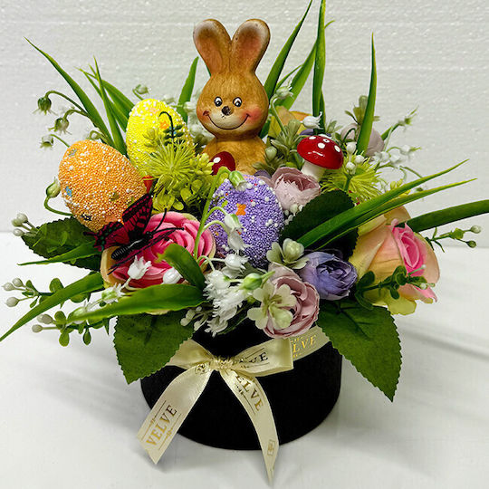 Aranjament Floral De Paște Decor Iepure 3 Ouă Decorative Plante Verzi Trandafiri Artificiali Crini De Vale În Cutie Rotundă Neagră