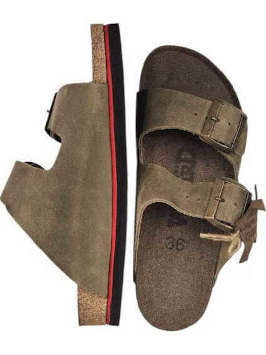 Leather Women's Flat Sandals Khaki