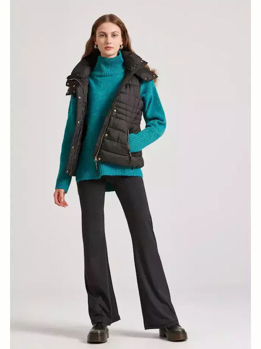 Women's Short Puffer Jacket for Winter with Detachable Hood Black