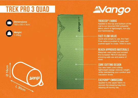 Vango Trek Pro 3 Self-Inflating Single Camping Sleeping Mat Thickness 3cm in Green color