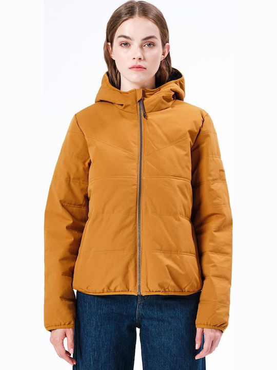 Women's Short Puffer Jacket for Winter with Hood Ochre