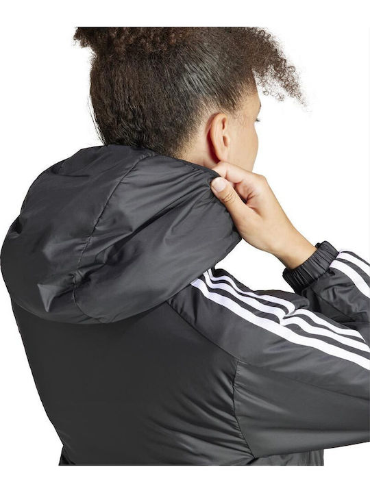 Essentials 3-Stripes Insulated Women's for Hiking Short Sports Jacket for Spring or Autumn with Hood Black