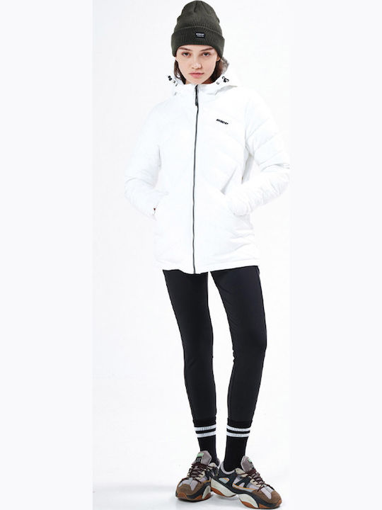 Lang Damen Puffer Jacke mit pelziger Kapuze für Winter Weiß