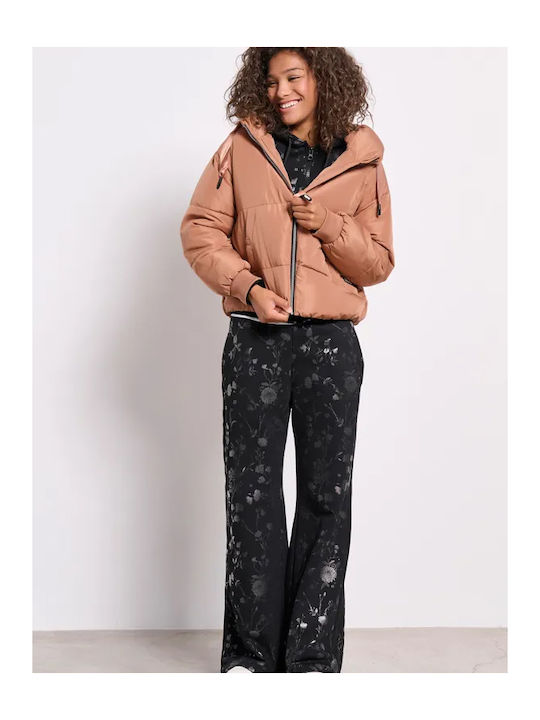 Women's Short Puffer Jacket for Winter with Hood Beige