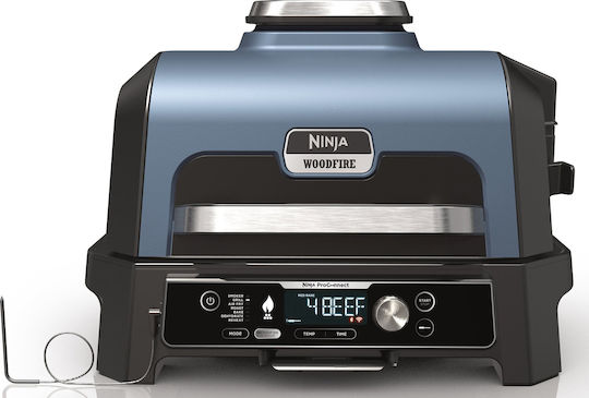 Ninja Woodfire Pro Connect Premium XL Tischplatte Elektrogrill Geriffelte Platte 1700W mit Deckel und einstellbarem Thermostat 45cmx29cmcm