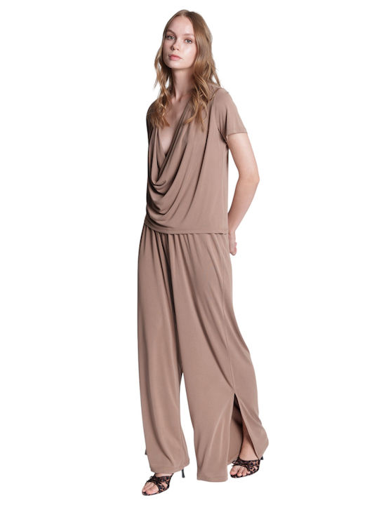 Pants Women's High-waisted Fabric Trousers with Elastic Beige