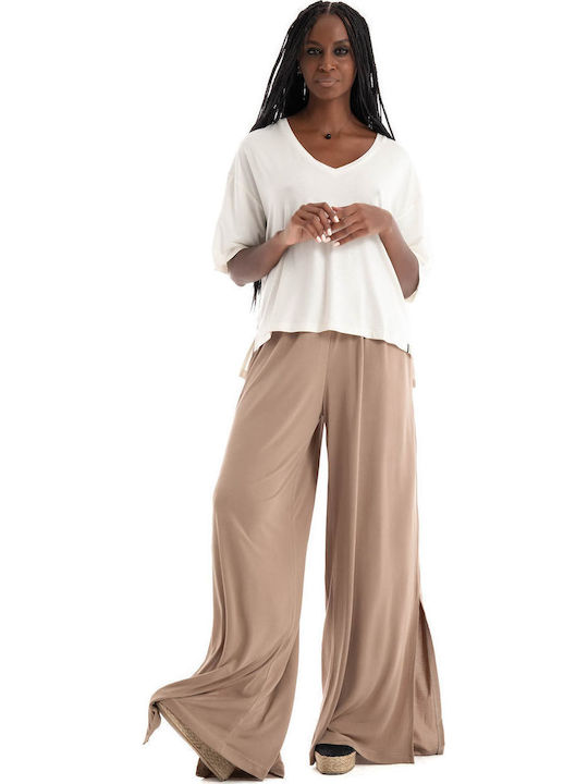 Pants Women's High-waisted Fabric Trousers with Elastic Beige