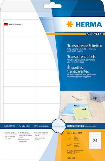 Herma 600 Αυτοκόλλητες Ετικέτες Α4 Ορθογώνιες 66.0x33.8mm