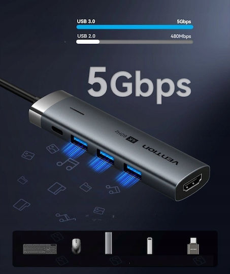 Vention USB-C Docking Station με HDMI 4K PD Γκρι (TGMHB)