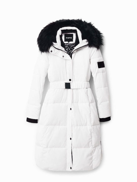 Noruega Lang Damen Puffer Jacke mit pelziger Kapuze für Winter Weiß
