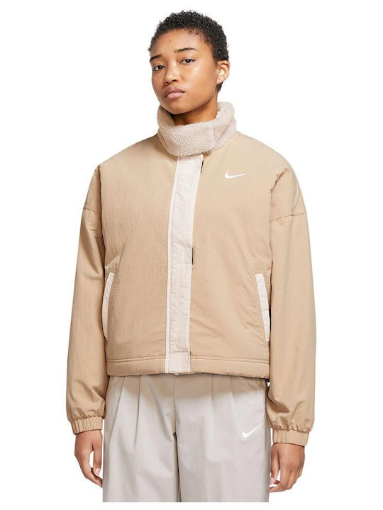 Sportswear Κοντό Γυναικείο Puffer Μπουφάν για Χειμώνα Μπεζ