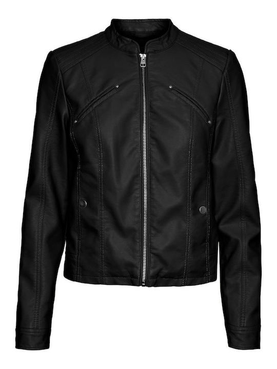 Favodona Women's Short Biker Artificial Leather Jacket for Spring or Autumn Black