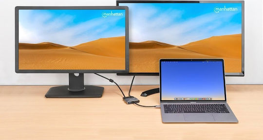 Manhattan USB-C Docking Station με HDMI 4K PD και σύνδεση 2 Οθονών Γκρι (130691)