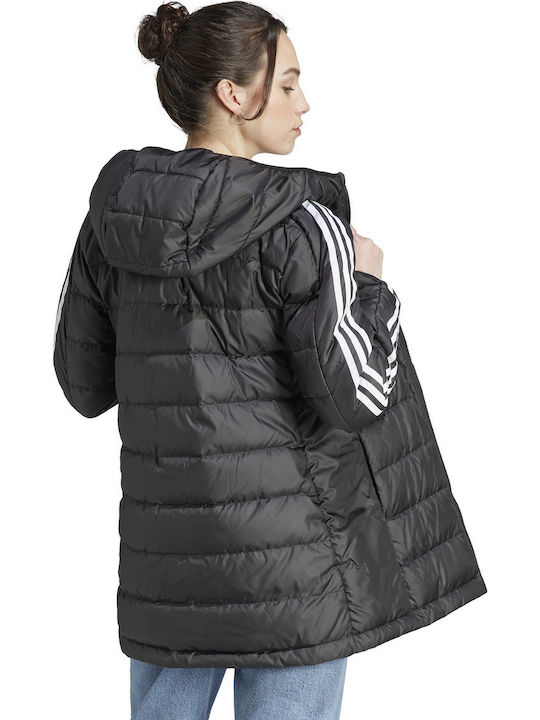 Essentials 3-Stripes Light Down Women's Long Puffer Jacket for Winter with Hood Black