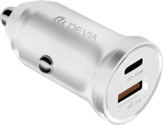 Devia Auto-Ladegerät 30W Schnellladung mit Anschlüssen: 1xUSB 1xType-C Weiß Farbe