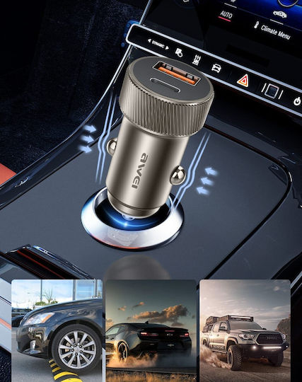 Awei Car Charger 33W with Ports: 1xUSB 1xType-C Brown Color