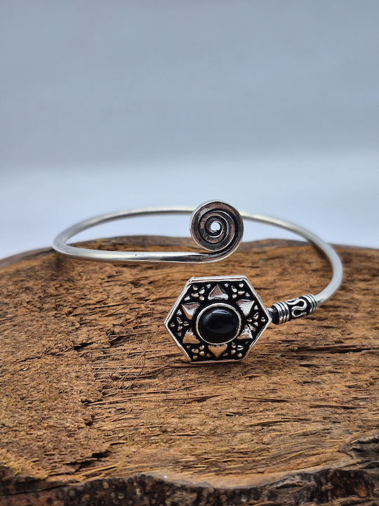 Silver Plated Bracelet Black Tourmaline Openable Handmade Jewelry