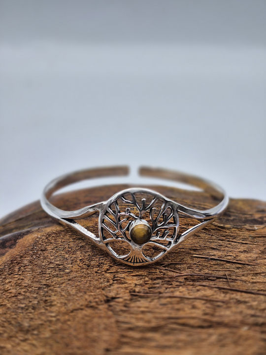 Silver Plated Bracelet Tiger Eye Tree Of Life Design Hinged Handmade Jewelry