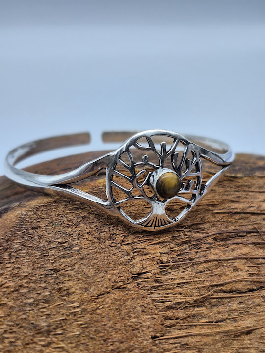 Silver Plated Bracelet Tiger Eye Tree Of Life Design Hinged Handmade Jewelry