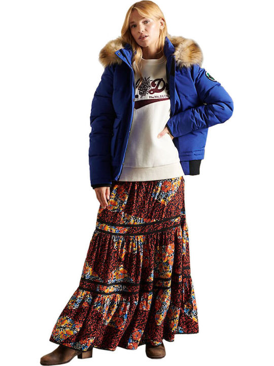 Everest Kurz Damen Puffer Jacke mit pelziger Kapuze für Winter Blau