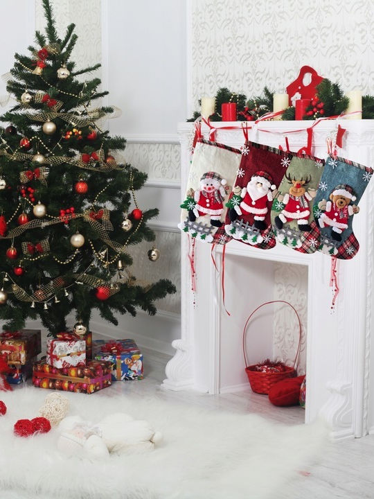 Șosetă Decorativă de Crăciun Poliester cu Άγιο Βασίλη / Ren / Om de zăpadă / Βrad mic L31xl19cm. 4buc