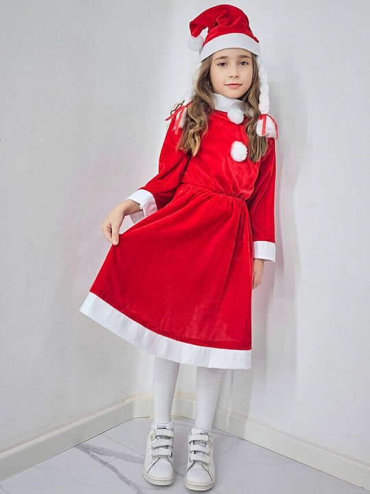 Rochie Catifea Missy Claus de Crăciun Set cu Căciulă Codițe Mărime 3-5 Ani