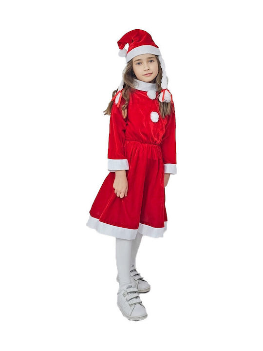 Rochie Catifea Missy Claus de Crăciun Set cu Căciulă Codițe Mărime 3-5 Ani