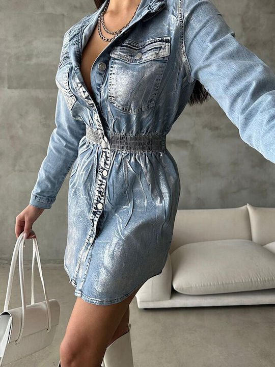 Rochie-Cămașă Mini Din Denim