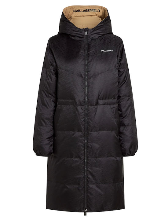 Lang Damen Puffer Jacke Wendbar für Winter Black/Beige
