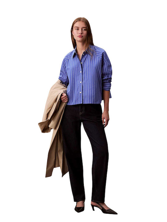Women's Striped Short Sleeve Shirt White-Blue