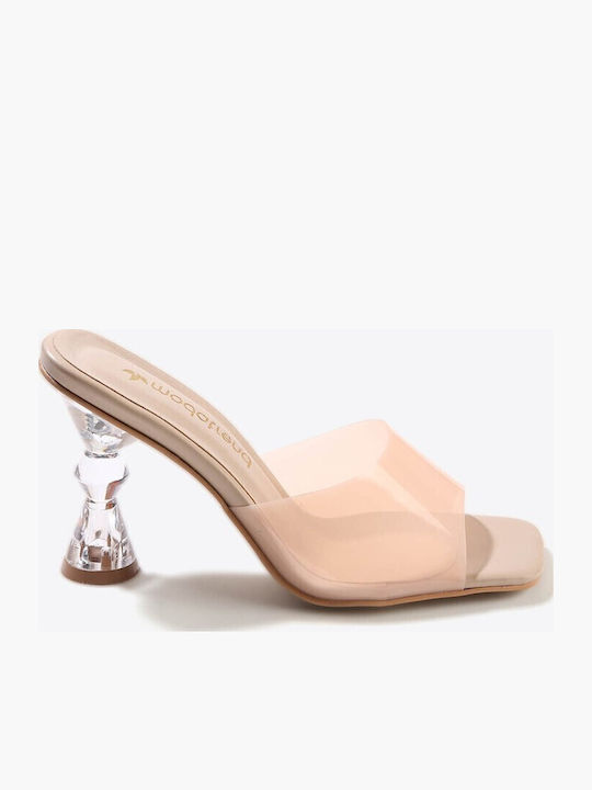 Leder Mules mit Absatz in Beige Farbe