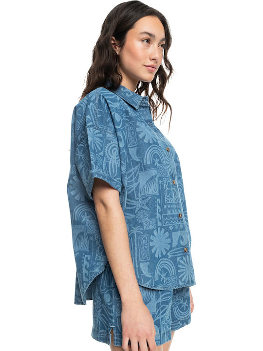Beach Nostalgia Women's Denim Short Sleeve Shirt Blue