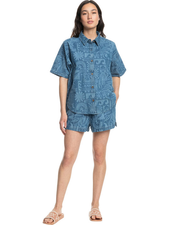 Beach Nostalgia Women's Denim Short Sleeve Shirt Blue