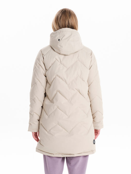 Women's Long Puffer Jacket Waterproof and Windproof for Winter with Hood Ecru