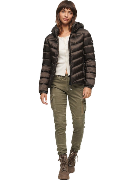 Fuji Women's Short Puffer Jacket for Winter with Hood Brown